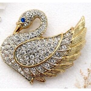 Vintage Park Lane Swan Brooch Gold Tone Rhinestone Pave Crystal Pin Blue Eye